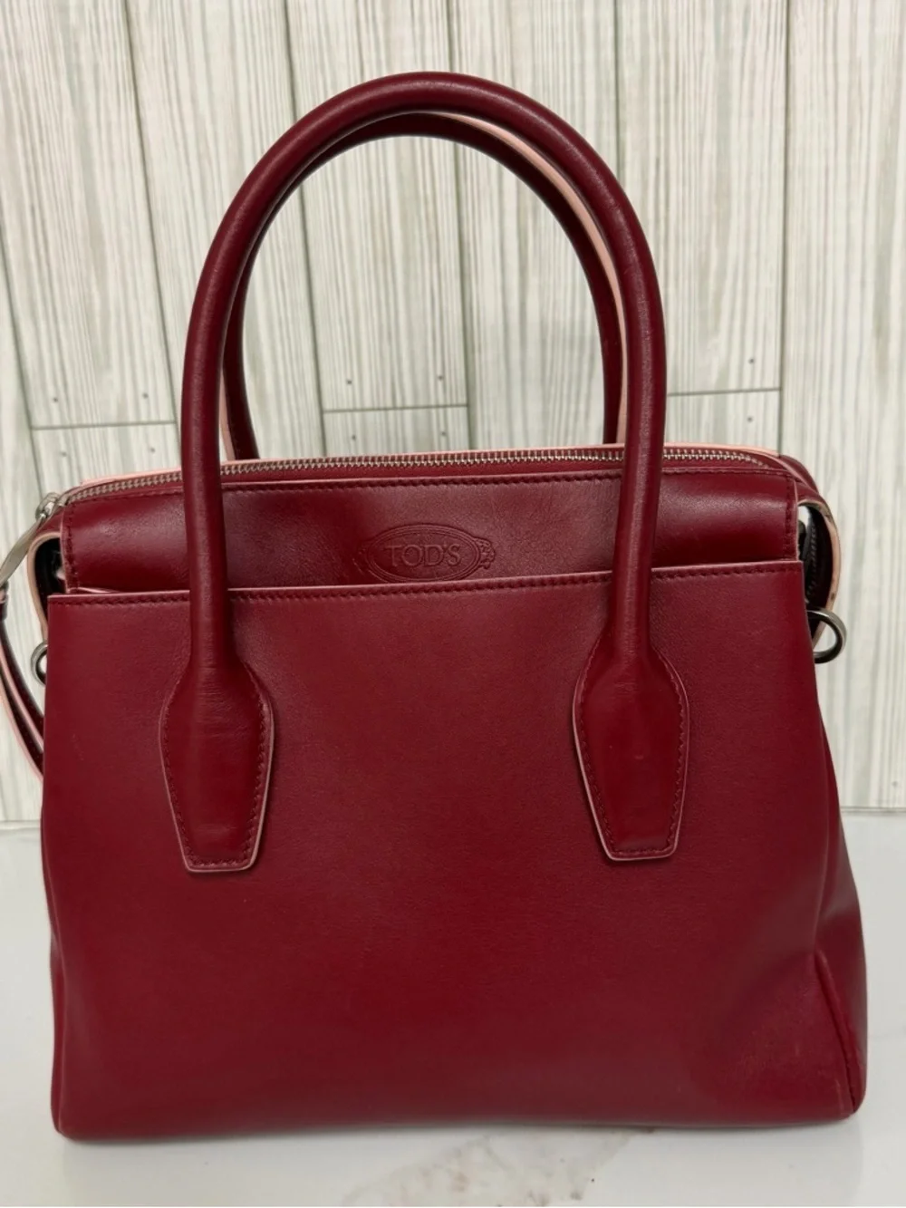 Tod’s Red Leather Satchel Top Handle Bag Double T Logo Designer Handbag
